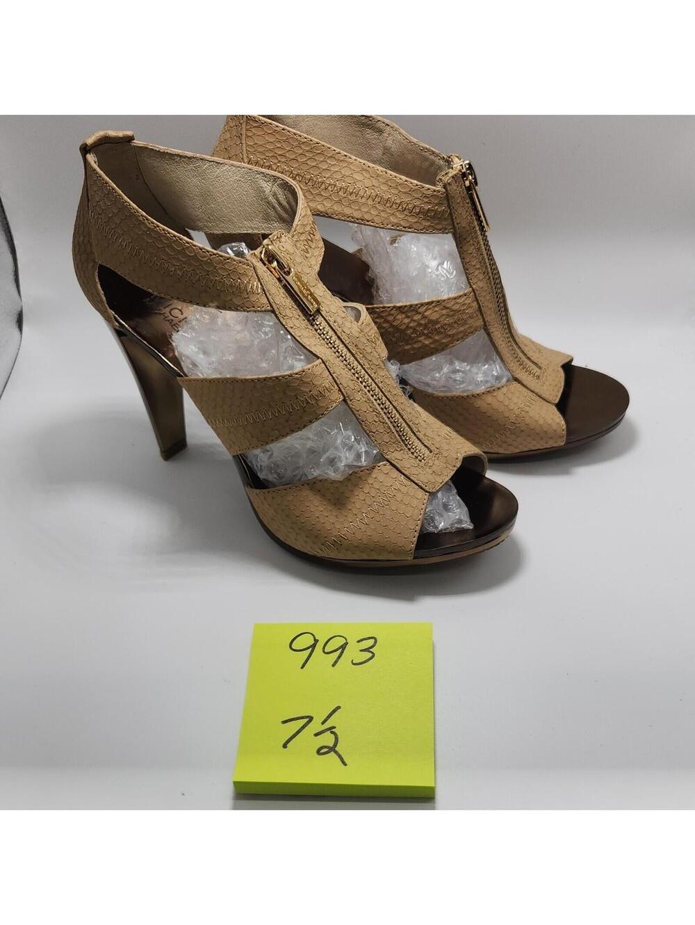 Michael Kors Women’s Leather Strappy Open Toe Ankle Strap Zip Heel Beige 7.5
